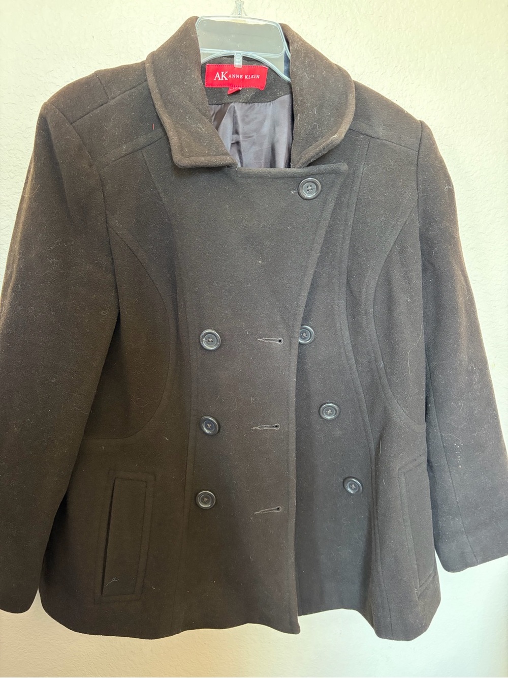 $20 SALE Anne Klein Black Double-Breasted Peacoat with Notched Collar